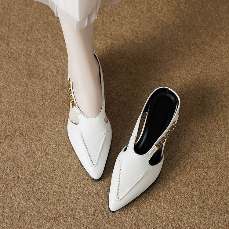 Brand Genuine Leather Closed-Toe Mules for Women, 2026 Summer New Style, Outdoor Wear, Chunky Heel, Metal Slip-On Sandals