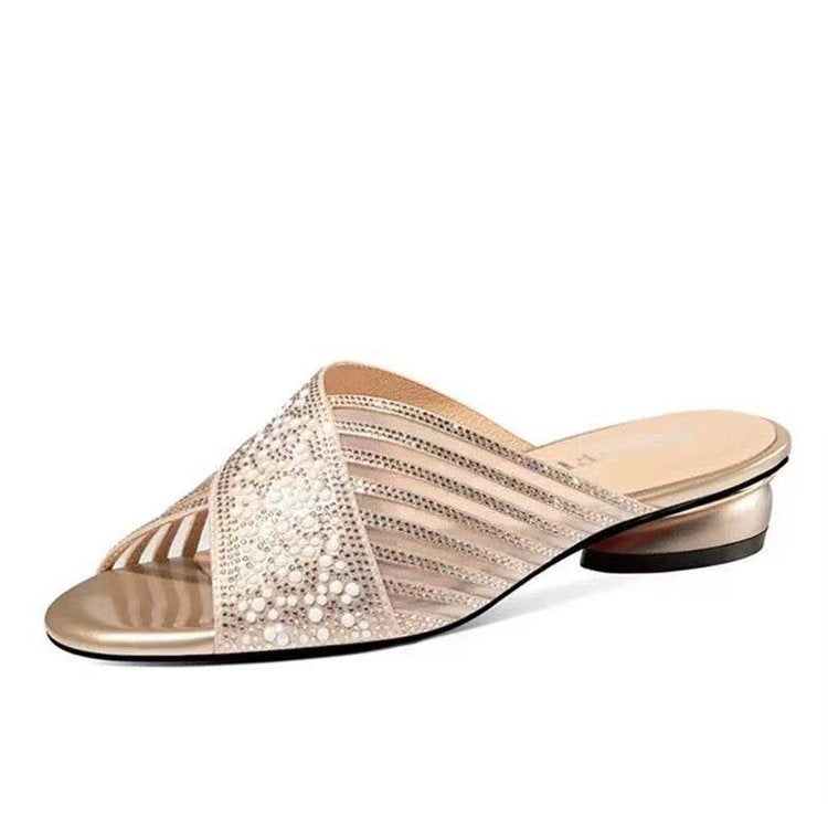 Genuine Leather Mesh Rhinestone Flat Sandals for Women, Summer 2026 New Style, Elegant Peep-Toe Low-Heel Slip-On Mules