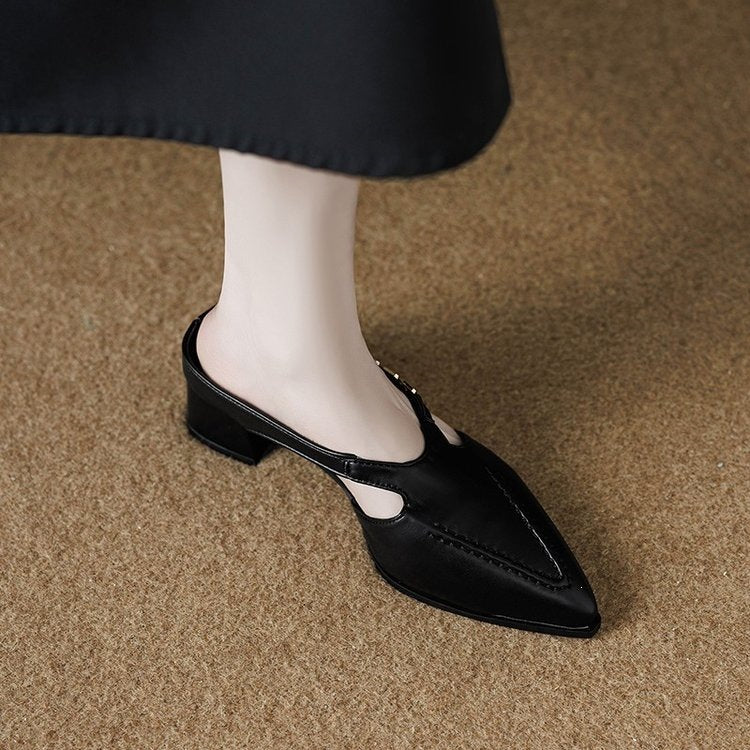 Brand Genuine Leather Closed-Toe Mules for Women, 2026 Summer New Style, Outdoor Wear, Chunky Heel, Metal Slip-On Sandals