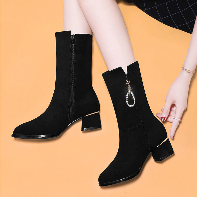 2025 New Style Over-The-Knee Mid-Calf Boots for Women in Autumn and Winter Fashion Fleece-Lined Warm Nubuck Leather Mid-Heeled Boots Long Boots
