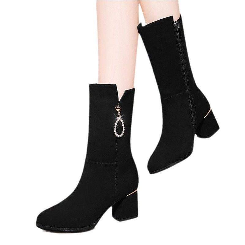 2025 New Style Over-The-Knee Mid-Calf Boots for Women in Autumn and Winter Fashion Fleece-Lined Warm Nubuck Leather Mid-Heeled Boots Long Boots