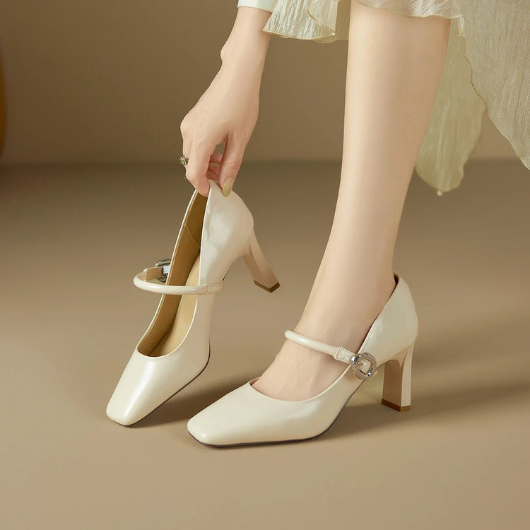 Retro-Style Genuine Leather Mary Jane Shoes for Women, New Spring and Autumn French-Style Single-Strap Chunky Heel Pumps, Shallow High-Heeled Shoes for Summer