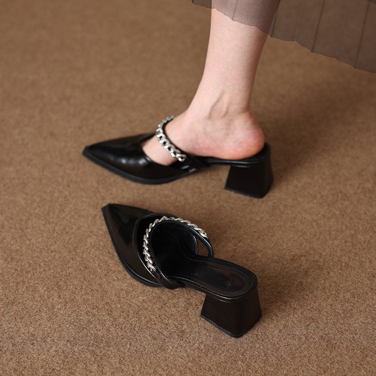 Soft Leather Stylish and High-End Feel Mules for Women, Suitable for Outdoor Wear, 2026 New Model, Can Be Paired with Skirts, High-Heeled Single Shoes