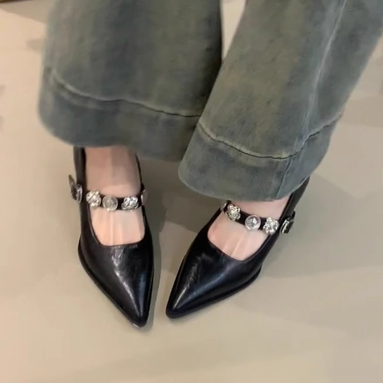 Sheepskin Version~French-Style Pointed-Toe Mary Jane Women's Shoes with Elegant Metal Buckle, Single Strap, Chunky Heel, Shallow Mouth, and High Heels