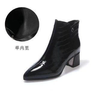 2025 New Autumn and Winter Pointed Toe Shiny Leather Short Boots for Women, Patent Leather Chunky Heel Shoes, Mid-High Heel Plush Ankle Boots, Martin Boots - Black single layer