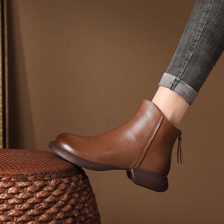 Soft Leather Retro Style Short Boots for Women 2026 Autumn and Winter New Style Back Zipper Women's Boots Non-Slip Soft Sole Fleece-Lined Boots for Women - Brown fleece-lined