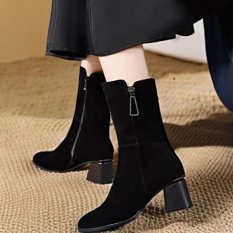 Mid-Calf Boots for Women, Thick-Heeled Genuine Leather Slim Boots, Autumn and Winter Single Boots, 2025 New Autumn and Winter Mid-Heeled Goatskin Boots, Short Boots