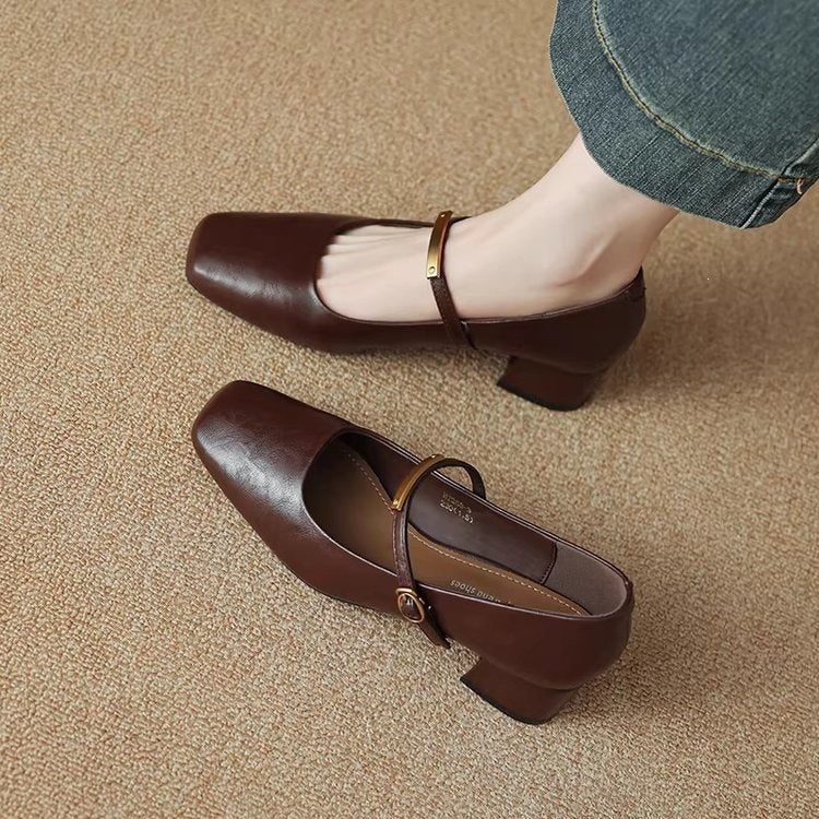 Sheepskin French Mary Jane Shoes 2026 Spring New Versatile Square-Toed Mid-Heel Chunky High-Heel Women's Pumps