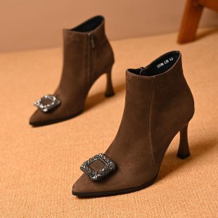 Genuine Leather Pointed Toe Square Buckle Stiletto Short Boots for Women Autumn and Winter Frosted Rhinestone Square Buckle Side Zipper Mid-High Heel Ankle Boots - Brown