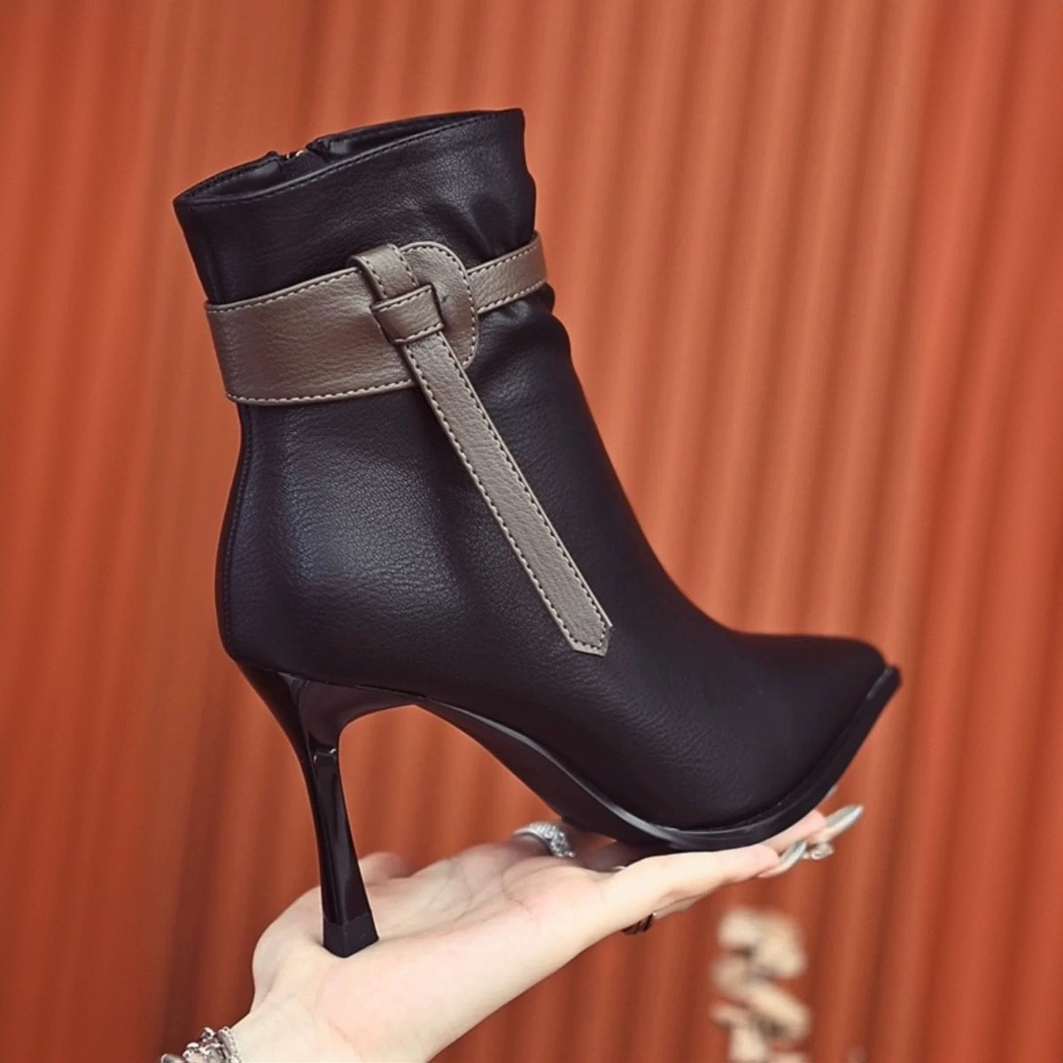 European and American Style Stiletto Short Boots for Women, Martin Boots, 2025 Autumn and Winter New Style, Velvet Pointed Toe High Heels, Fashion Slim Boots - Black single lining [sxn-w2 model]