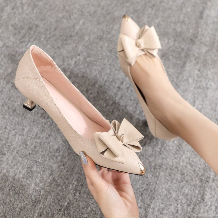 Brand Clearance Genuine Leather Bowknot High Heels for Women 2026 New Nude Color Thin Medium Low Heel 3cm Small Heel Single Shoes