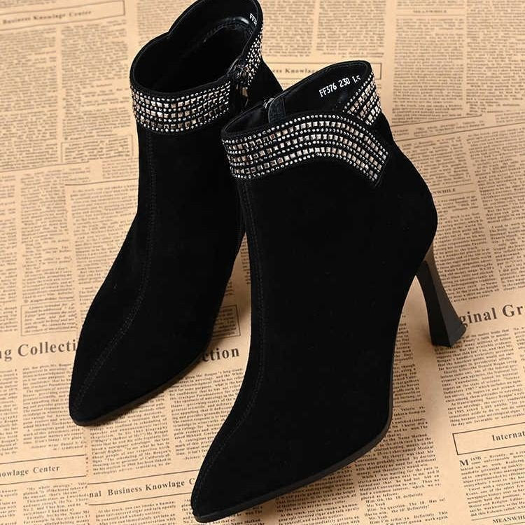European and American Style Pointed Toe High Heel Short Boots Genuine Leather Plus Velvet Lining Comfortable and Sexy Stiletto Heel Rhinestone Short Boots for Women