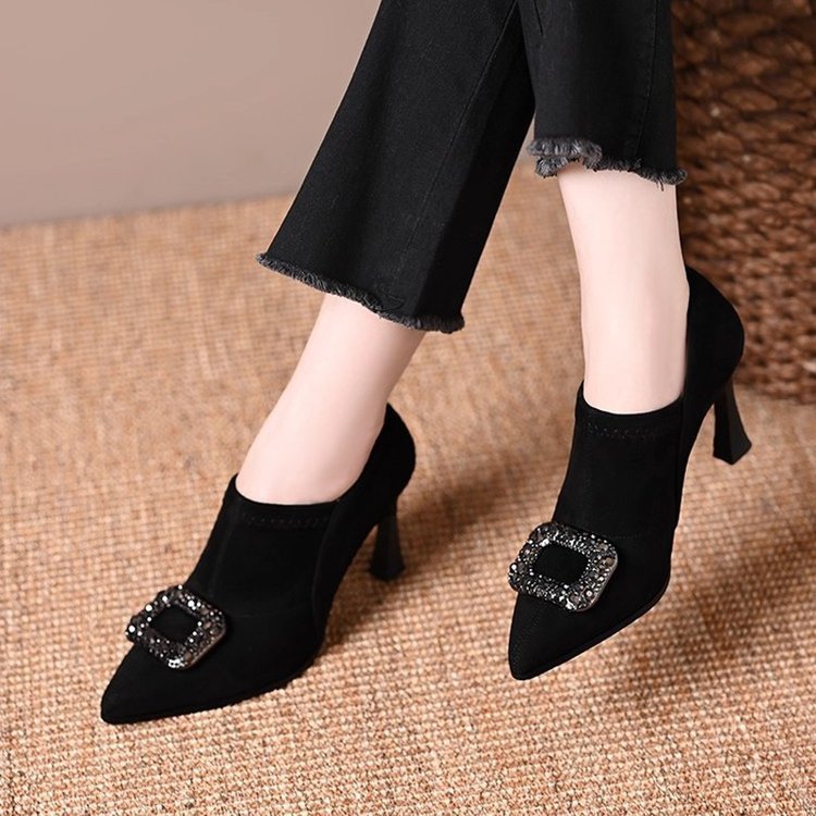 High-Heeled Deep-Cut Women's Short Boots 2025 Autumn and Winter New Diamond Buckle Black Suede Pointed Toe Elastic Ankle Boots Nude Boots