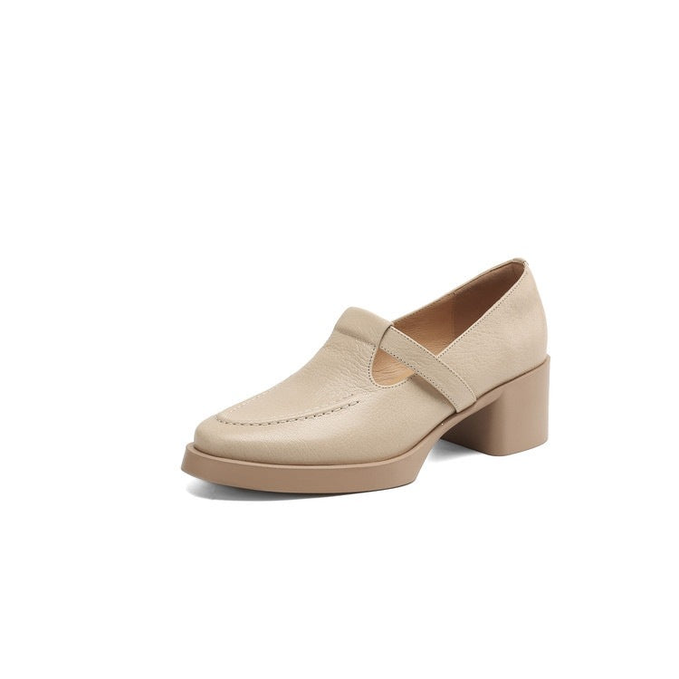 French-Style Backless Slip-On Shoes for Women 2026 Spring/Summer Genuine Leather Versatile Thick-Soled Chunky Heel Closed-Toe Mule Shoes - Rice apricot color