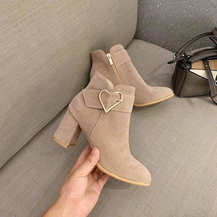 Cross-Border Short Boots, Suede and Fleece-Lined Single Boots, Round Toe, Large Size, Autumn and Winter 2025 New Style, Chunky High Heels, Fashion Women's Shoes