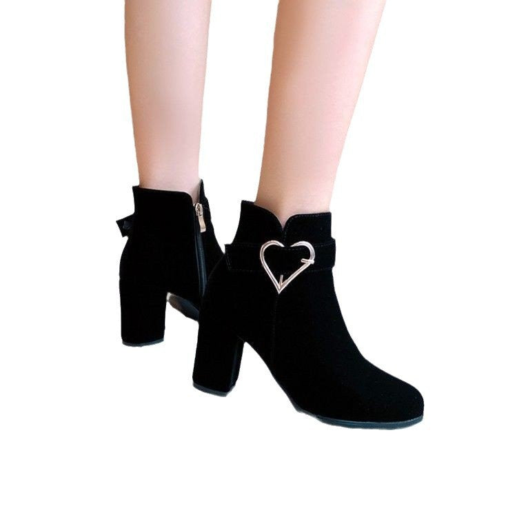 Cross-Border Short Boots, Suede and Fleece-Lined Single Boots, Round Toe, Large Size, Autumn and Winter 2025 New Style, Chunky High Heels, Fashion Women's Shoes