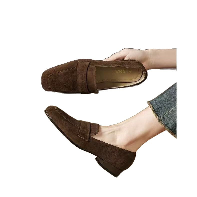 Suede Loafers for Women 2026 New Spring Soft-Soled Thick-Heeled Square-Toe Retro Commuter Spring and Autumn Versatile Women's Shoes