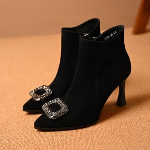 Genuine Leather Pointed Toe Square Buckle Stiletto Short Boots for Women Autumn and Winter Frosted Rhinestone Square Buckle Side Zipper Mid-High Heel Ankle Boots - Black