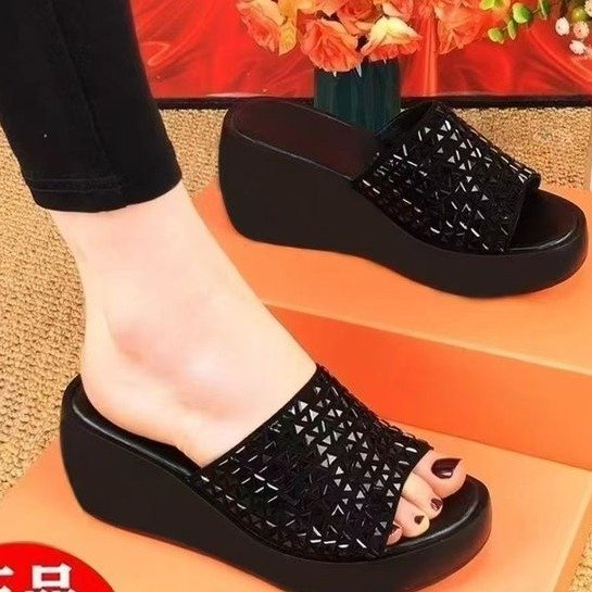 2025 New Genuine Leather Slippers Women's Wedge Korean-style Rhinestone Slides Summer Fish Mouth Soft Bottom All-matching Thick Sandals