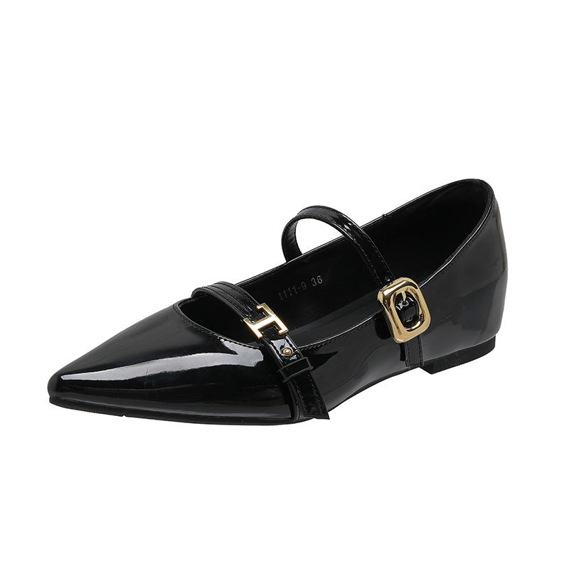 Sheepskin Version~French-Style Pointed-Toe Mary Jane Shoes for Women 2026 New Model with Hidden Height Increase, Patent Leather, Soft-Soled Shoes for Petite Women - Black [increased by 5cm inside]