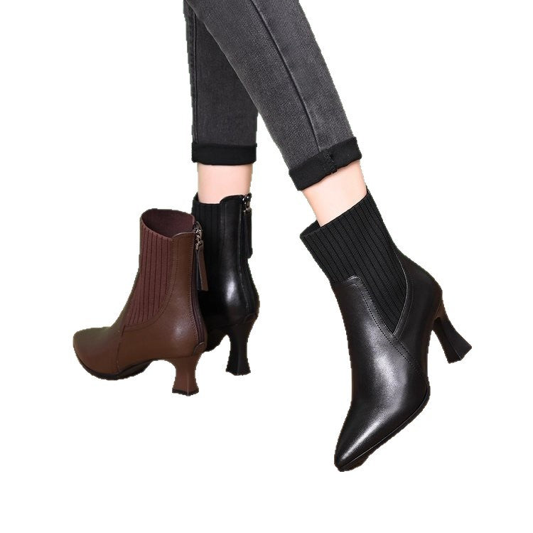 Plaid and Versatile High-Heeled Short Boots for Women, Pointed Toe Thick-Heeled Short Boots, 2025 New Slim Boots, Autumn and Winter Boots