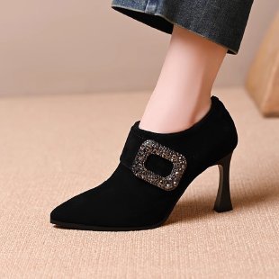 High Heels, Stiletto Heels, Deep Mouth Women's Shoes, 2025 Autumn and Winter Black Suede Diamond Buckle Pointed Toe Side Zipper Ankle Boots Nude Boots - Black-7cm