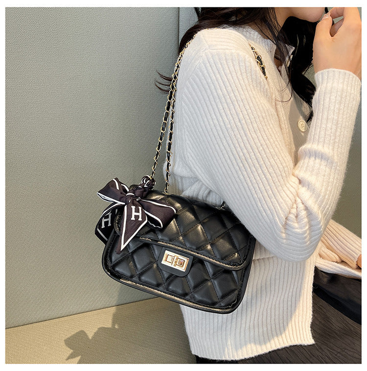 Women's Quilted Chain Shoulder Bag, Faux Leather Small Square Crossbody Purse with Silk Scarf Handle, Elegant Flap Handbag for Daily, Office & Party (STL001018R)