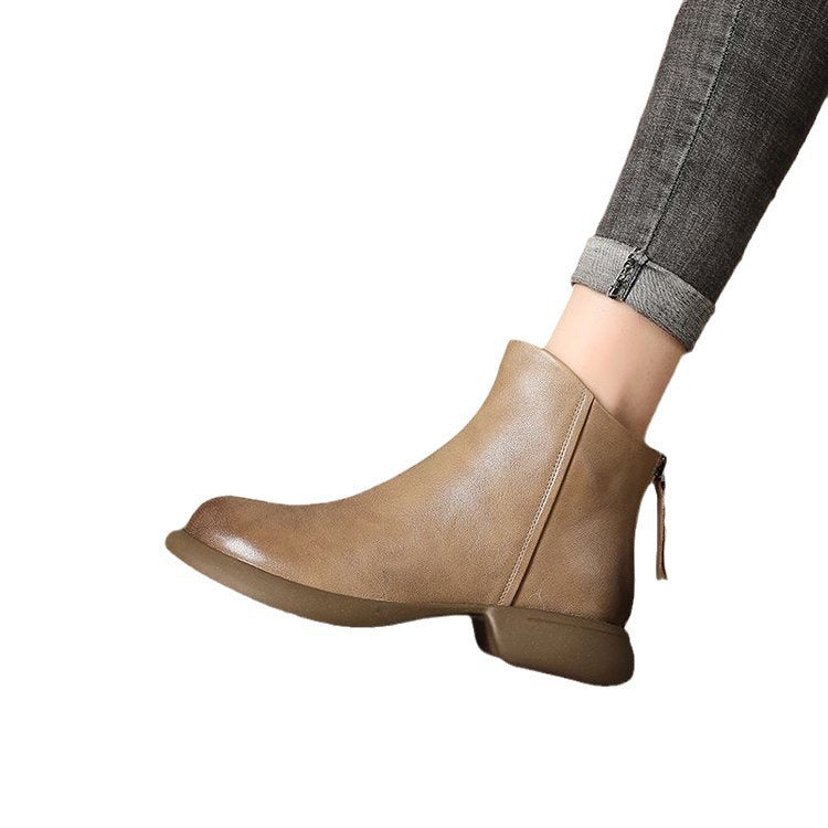 Soft Leather Retro Style Short Boots for Women 2026 Autumn and Winter New Style Back Zipper Women's Boots Non-Slip Soft Sole Fleece-Lined Boots for Women