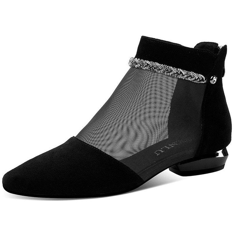 Flat Heel Mesh Hollow Out Sandals Pointed Toe Chunky Heel Mesh Boots Women's Summer 2026 New Large Size Rhinestone Genuine Leather Low Heel Sandals