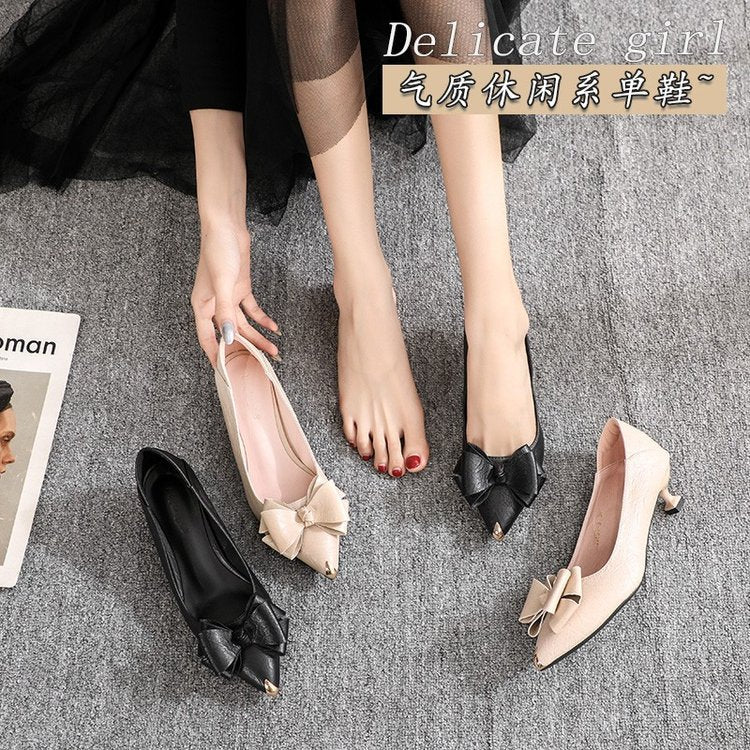 Brand Clearance Genuine Leather Bowknot High Heels for Women 2026 New Nude Color Thin Medium Low Heel 3cm Small Heel Single Shoes