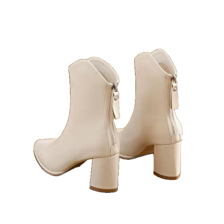 French-style fashionable high-heeled ankle boots, slim-fit boots for petite women, spring/autumn collection, pointed-toe, British style, chunky heel, V-cut, 2026 new model