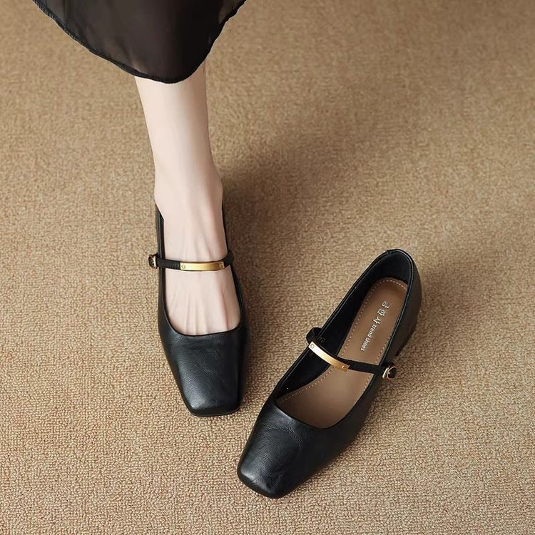 Sheepskin French Mary Jane Shoes 2026 Spring New Versatile Square-Toed Mid-Heel Chunky High-Heel Women's Pumps