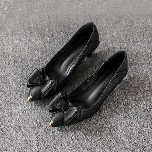 Brand Clearance Genuine Leather Bowknot High Heels for Women 2026 New Nude Color Thin Medium Low Heel 3cm Small Heel Single Shoes - Black 3cm