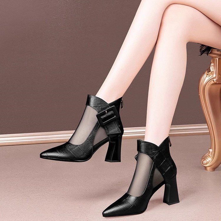 Genuine Leather Chunky Heel Mesh Boots for Women, High-Heeled Hollow Mesh Sandals for Women, Summer 2026 New Style with Belt Buckle, Large Size Women's Shoes, Sandals Boots