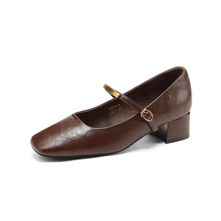 Sheepskin French Mary Jane Shoes 2026 Spring New Versatile Square-Toed Mid-Heel Chunky High-Heel Women's Pumps