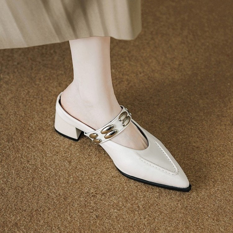 Soft Leather Stylish and High-End Mules for Women, Suitable for Outdoor Wear, 2026 New Model, Can Be Paired with Skirts, High-Heeled Single Shoes