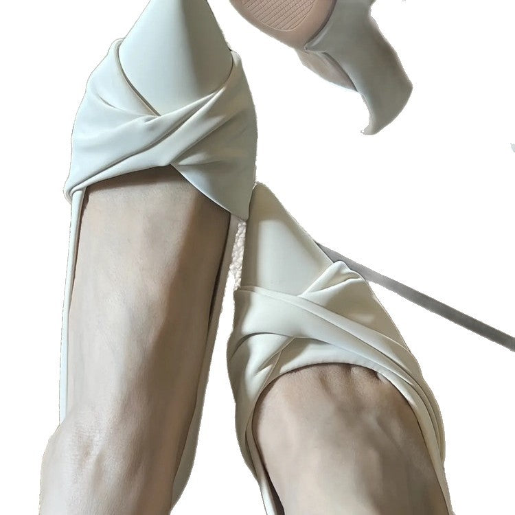 Elegant Style Pleated Off-White High-Heeled Shoes for Women, 2026 New Model, Pointed Toe, Fine Heel, Comfortable for Work