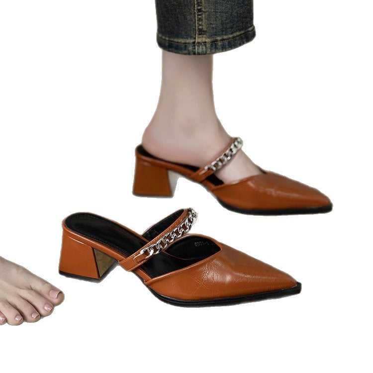 Soft Leather Stylish and High-End Feel Mules for Women, Suitable for Outdoor Wear, 2026 New Model, Can Be Paired with Skirts, High-Heeled Single Shoes
