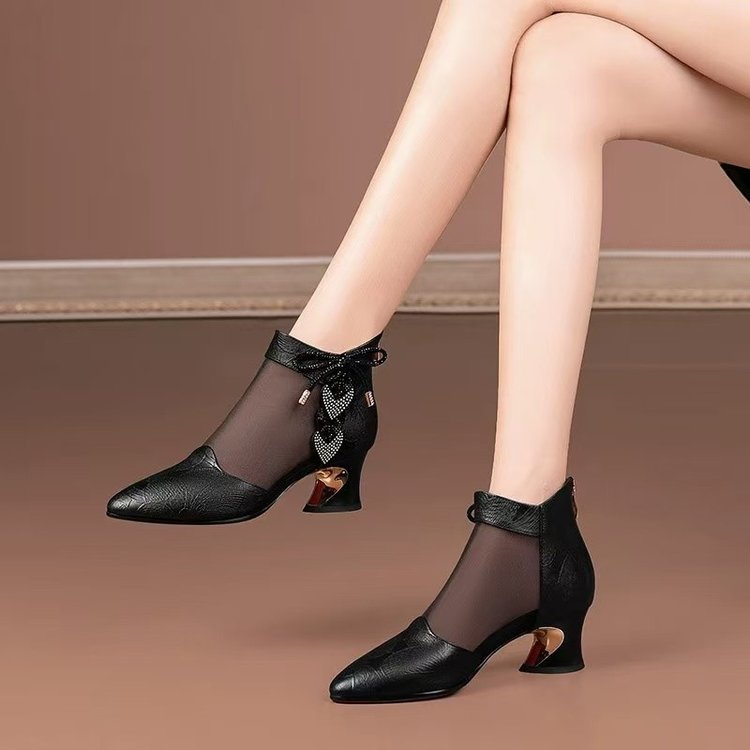 2025 New Style Rhinestone Mid-Heeled Sandals, Mesh Sandals, Women's Thick-Heeled Hollow Women's Shoes, Pointed Toe Shoes with Skirts