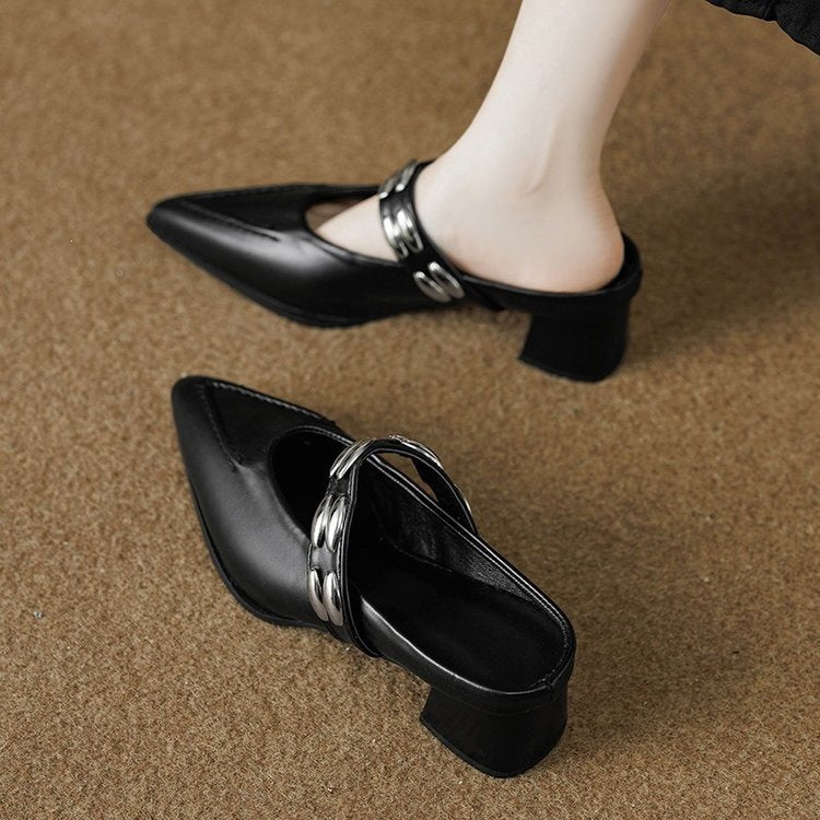 Soft Leather Stylish and High-End Mules for Women, Suitable for Outdoor Wear, 2026 New Model, Can Be Paired with Skirts, High-Heeled Single Shoes