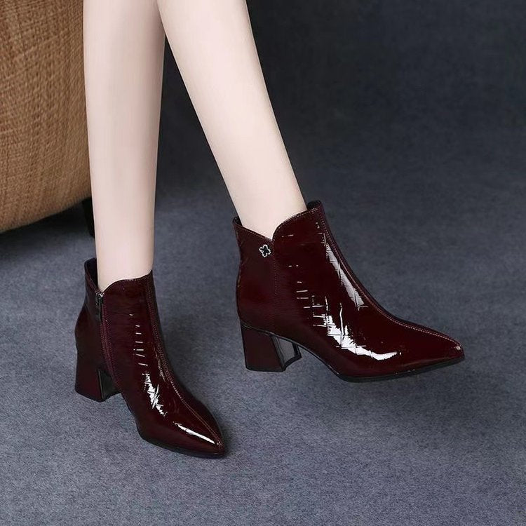 2025 New Autumn and Winter Pointed Toe Shiny Leather Short Boots for Women, Patent Leather Chunky Heel Shoes, Mid-High Heel Plush Ankle Boots, Martin Boots