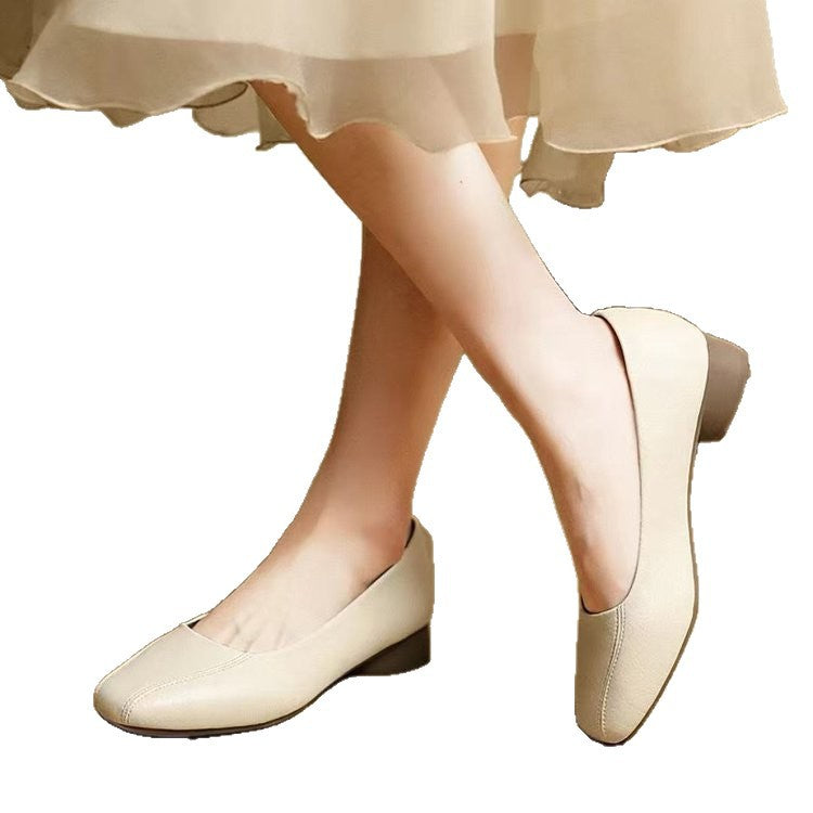 Genuine Soft Leather Women's Shoes, New Spring Style, Square Toe, Shallow Mouth, Soft Leather, Flat Shoes for Middle-Aged and Elderly Women, Large Size, Soft Sole Women's Shoes