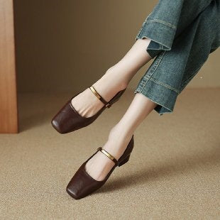 Sheepskin French Mary Jane Shoes 2026 Spring New Versatile Square-Toed Mid-Heel Chunky High-Heel Women's Pumps - Brown
