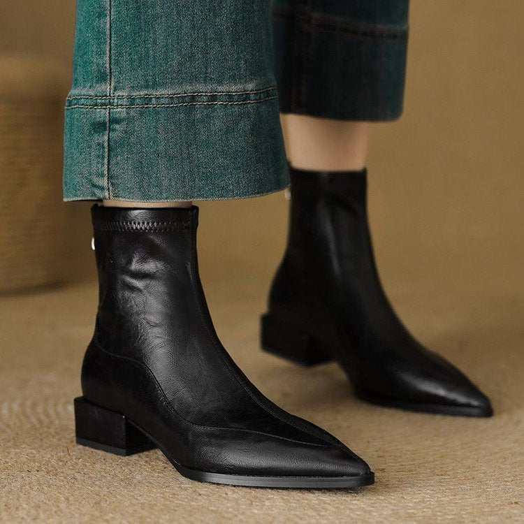 French Pointed Toe Thick Heel Back Zipper Short Boots for Women 2025 New Autumn and Winter Genuine Leather Slimming Look British Style Boots