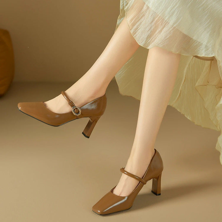 Retro-Style Genuine Leather Mary Jane Shoes for Women, New Spring and Autumn French-Style Single-Strap Chunky Heel Pumps, Shallow High-Heeled Shoes for Summer