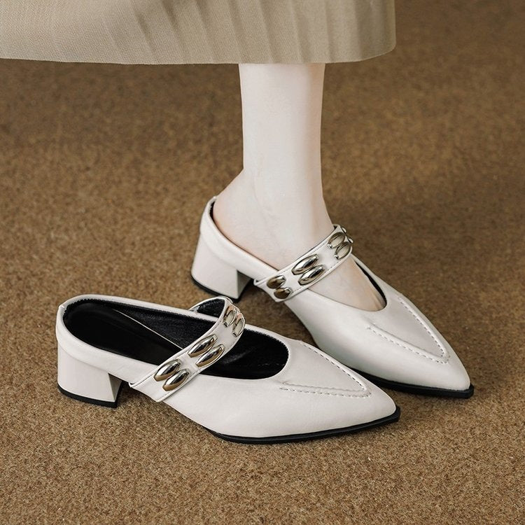 Soft Leather Stylish and High-End Mules for Women, Suitable for Outdoor Wear, 2026 New Model, Can Be Paired with Skirts, High-Heeled Single Shoes