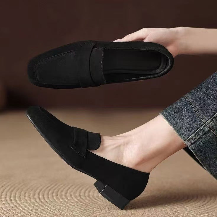 Suede Loafers for Women 2026 New Spring Soft-Soled Thick-Heeled Square-Toe Retro Commuter Spring and Autumn Versatile Women's Shoes - black