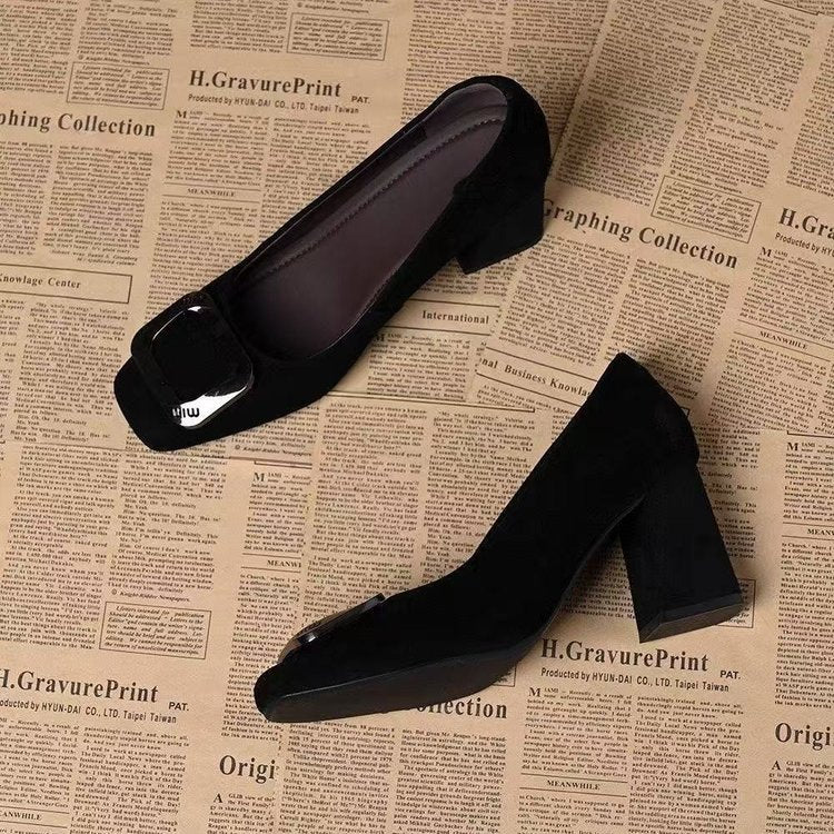Retro Genuine Leather Fashionable Comfortable Chunky Heel Women's Shoes 2026 Spring and Autumn New Style Elegant Square Toe Shallow High Heels