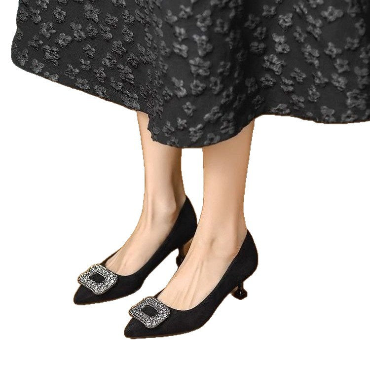 Brand Genuine Leather Low-Heeled Shoes with Thin Heels, Spring French Fashion Style, Rhinestone Square Buckle, Black Suede Professional Interview High-Heeled Shoes