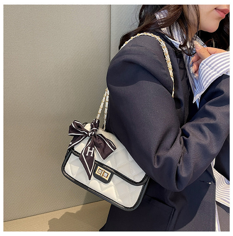 Women's Quilted Chain Shoulder Bag, Faux Leather Small Square Crossbody Purse with Silk Scarf Handle, Elegant Flap Handbag for Daily, Office & Party (STL001018R)